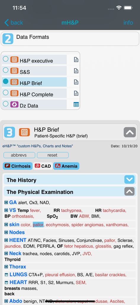 eH&P™ - eH&P医療アプリ、簡潔な患者固有の身体診察テンプレートを表示