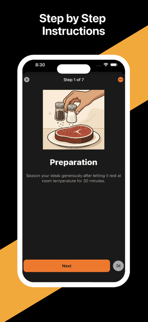High-Steaks - L'app High-Steaks visualizza istruzioni passo-passo per la preparazione e il condimento della bistecca