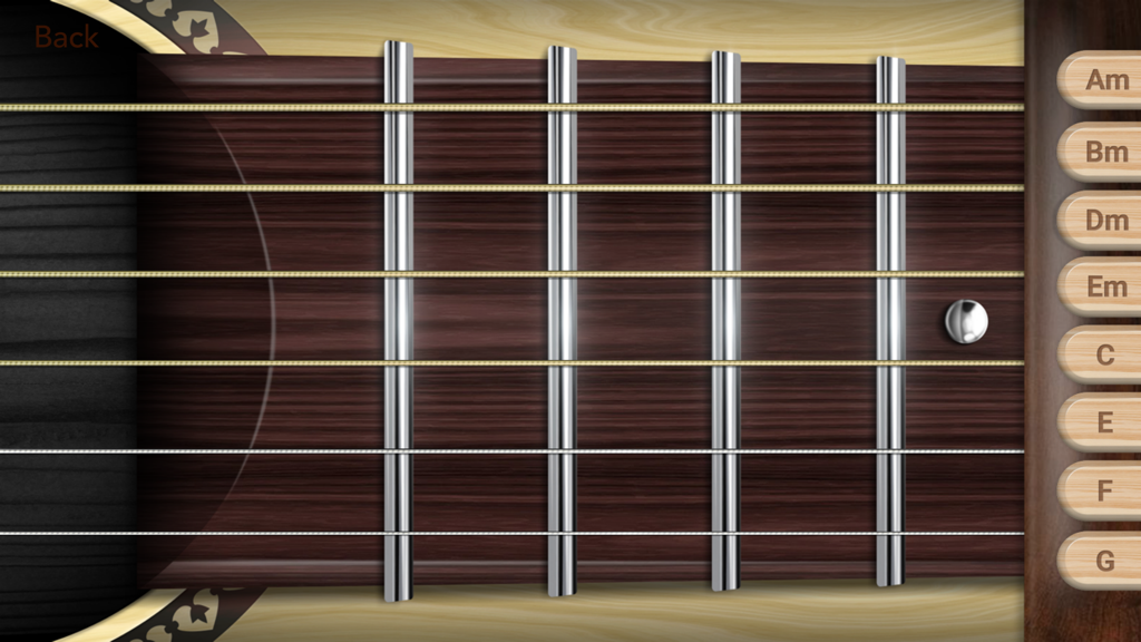 Real Guitar - Electronic Guitar - A realistic virtual guitar fretboard with a side menu for selecting chords like Am, Bm, and C.