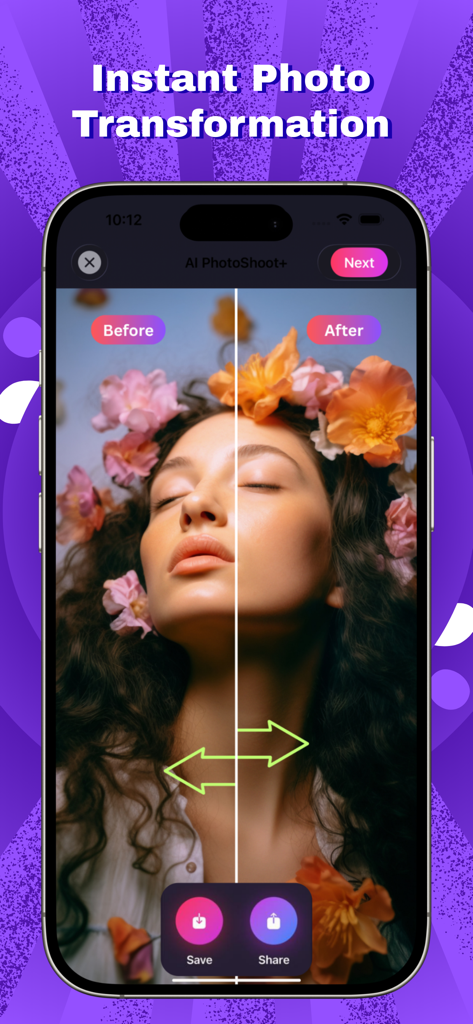 AI PhotoShot+ - AI PhotoShot plus mobile app interface showing a before and after split screen comparison of a portrait photo with enhanced lighting and colors