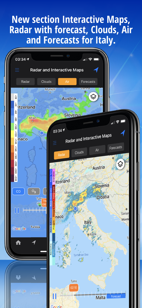 App Meteo Plus che mostra mappe radar meteo interattive e mappe della qualità dell'aria per l'Italia