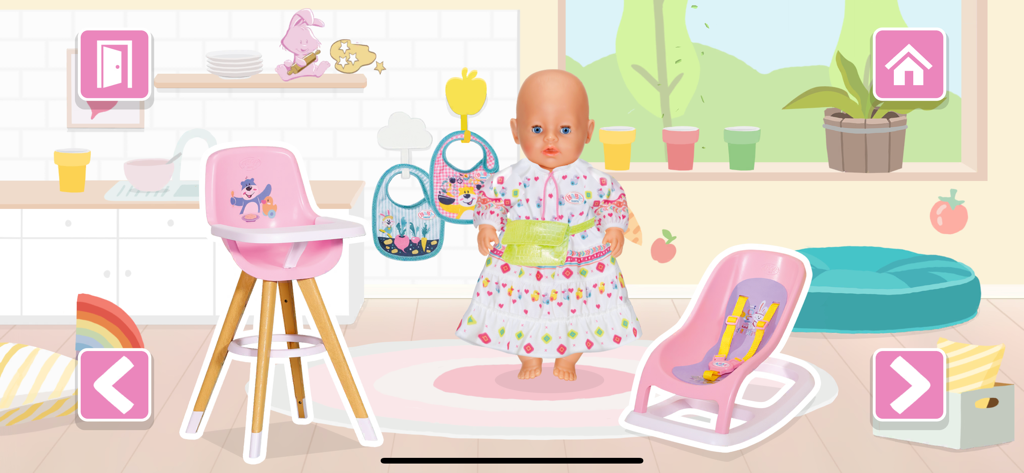 BABY born® - BABY born doll in a digital kitchen with a pink high chair and bouncer