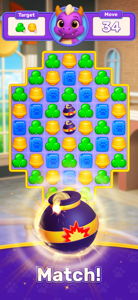 Jugabilidad de puzzle match-3 en Roy Story con iconos coloridos y un potenciador de bomba brillante