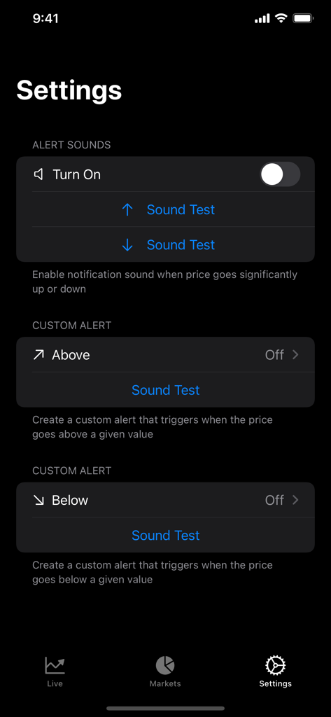 Settings screen of the Crude Oil app showing custom price alert and notification sound configuration.