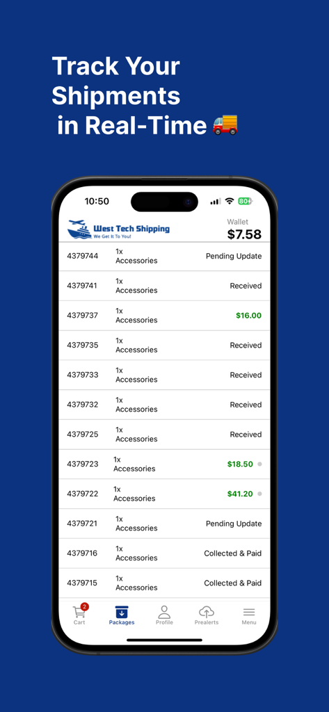 West Tech Shipping - Mobile screen of West Tech Shipping app showing a list of packages with real-time tracking statuses