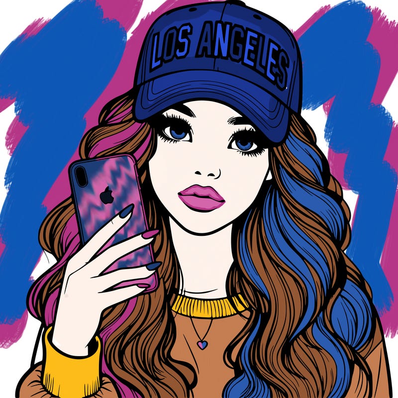realistic beautiful girl wearing los ángeles cap holding an iphone