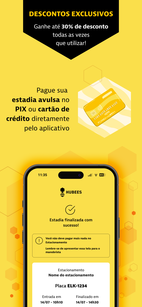 Hubees: Desconto ao estacionar - Mobile screen showing a successful parking payment confirmation and discount offer in the Hubees app