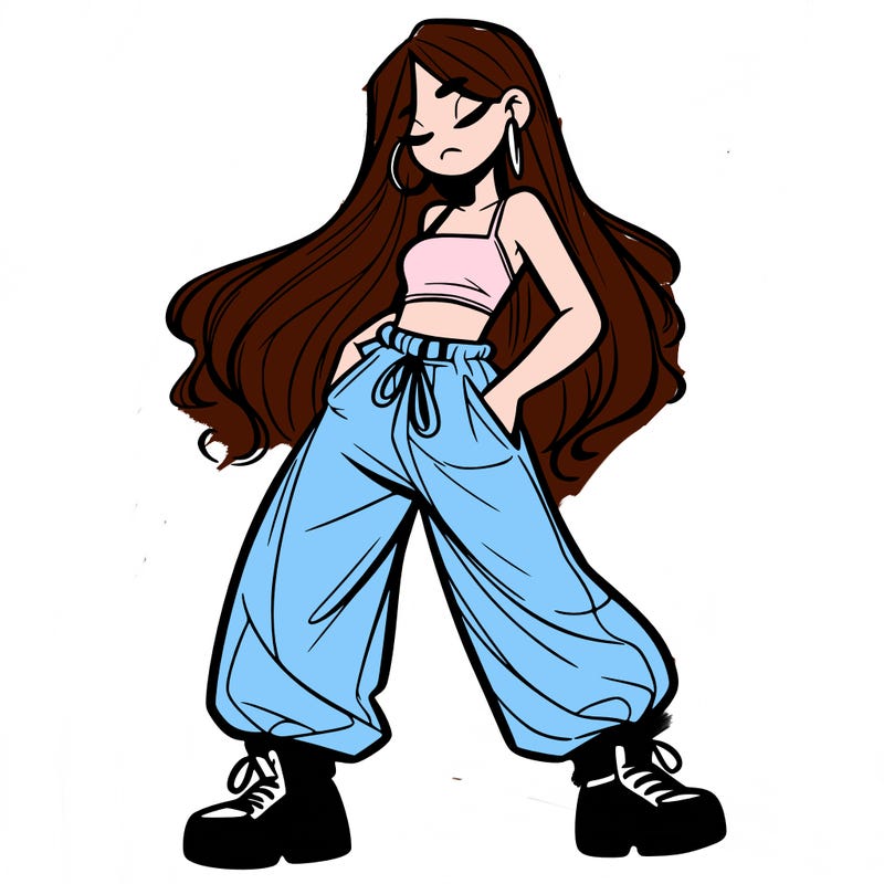 girl in baggy pants crop top and long hair