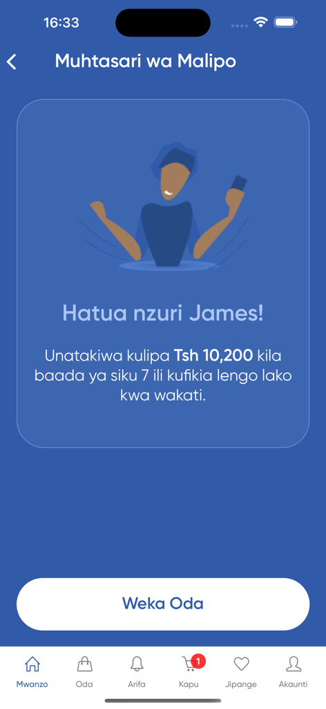 Tunzaa app screen showing a payment summary and schedule for a savings goal in Swahili