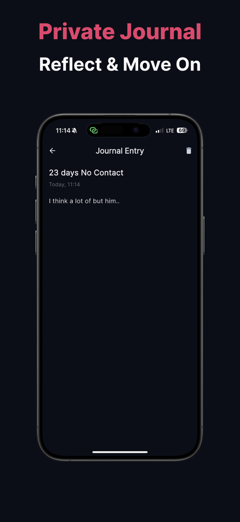 Interfaccia della funzione Private Journal dell'app NoContact per riflettere e andare avanti dopo una rottura