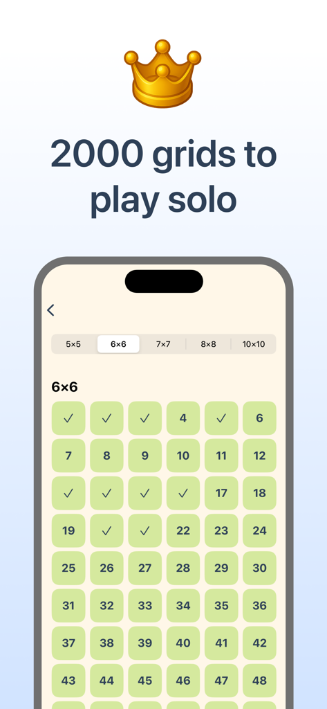 Queens Battle - Queens Battle mobile app screen displaying level selection for solo logic puzzle grids
