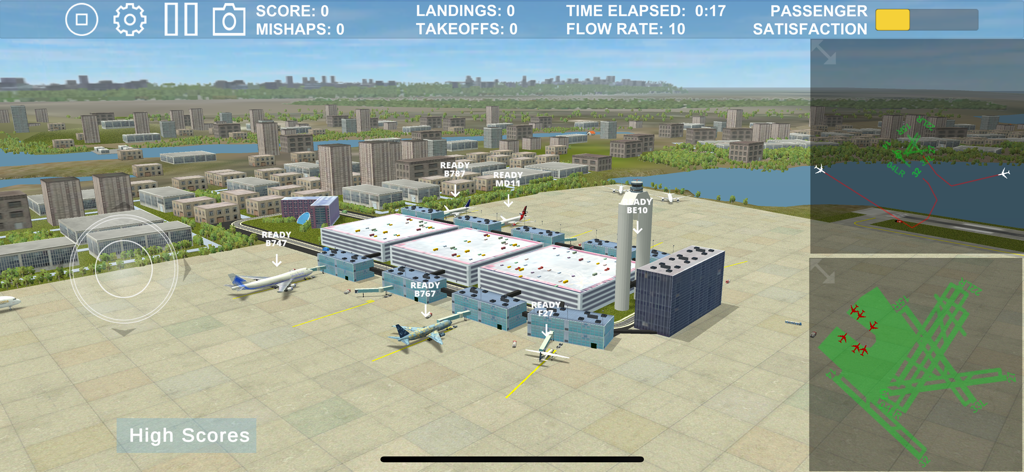 A 3D simulation of an airport terminal with planes at gates and air traffic control radar screens.