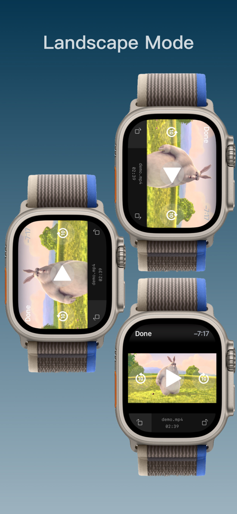 Tre Apple Watch che mostrano la riproduzione video in orientamento orizzontale utilizzando l'app Player for Watch