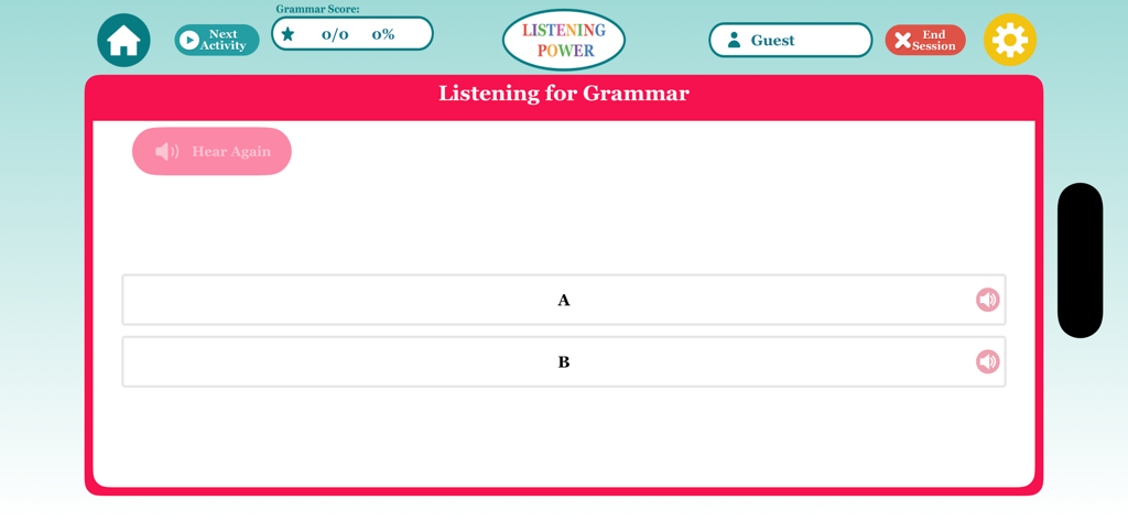 Interface of the Listening for Grammar activity within the Listening Power Advanced app showing multiple choice options