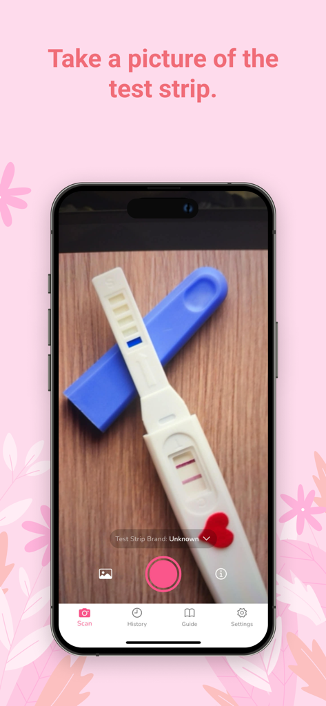 Pregnancy Test AI Scan - A smartphone interface showing the camera mode of the Pregnancy Test AI Scan app to analyze a test strip.