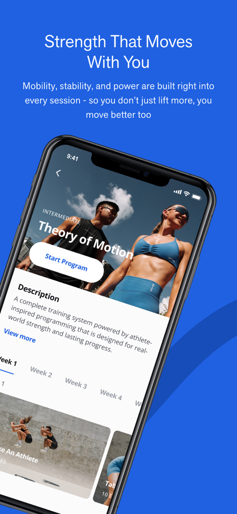 Theory of Motion - Die Theory of Motion App-Oberfläche zeigt ein fortgeschrittenes athletisches Trainingsprogramm für funktionelle Kraft und Mobilität