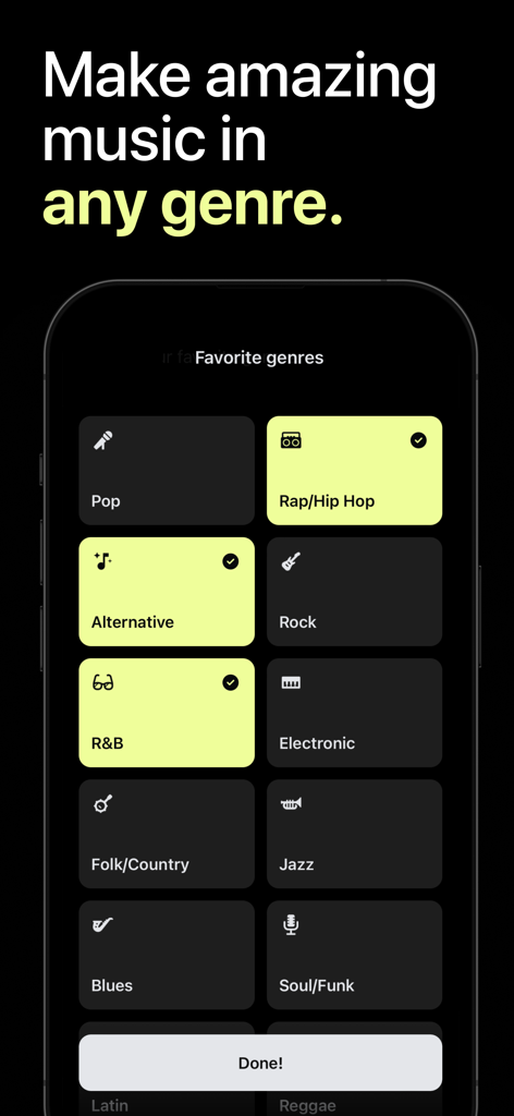 ユーザーが選択できるラップ、ポップ、R&Bなどの様々な音楽ジャンルを表示するAI音楽ジェネレーターアプリの画面。