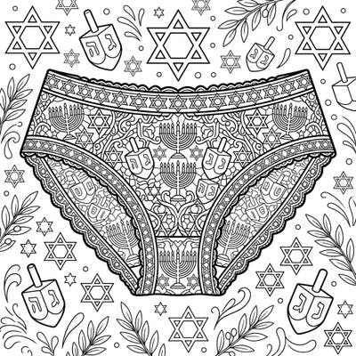 Dive into the Festival of Lights with this unique Hanukkah lace briefs coloring page. Adorned with festive menorahs, dreidels, and Stars of David, it promises a creative and engaging coloring experience.