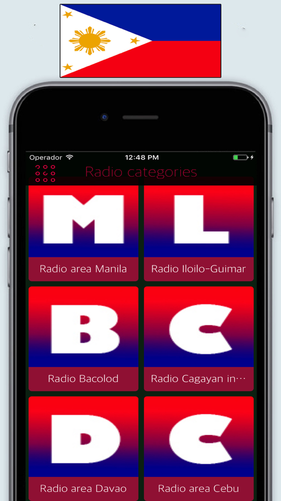 Radio Philippines FM / Live Radyo Stations Online - App interface for Radio Philippines showing categories for regional radio stations like Manila and Cebu.