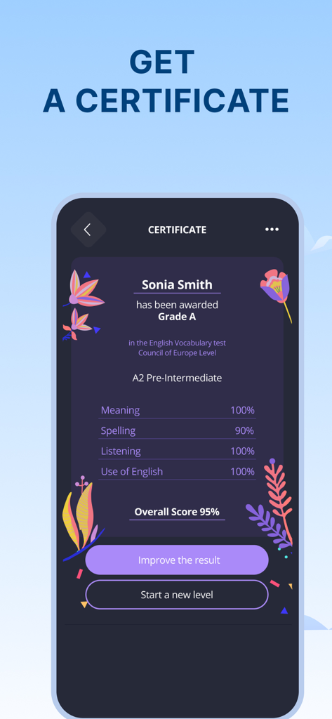 A digital certificate in the 2Shine French app awarded for A2 pre-intermediate level with a grade A and 95 percent overall score