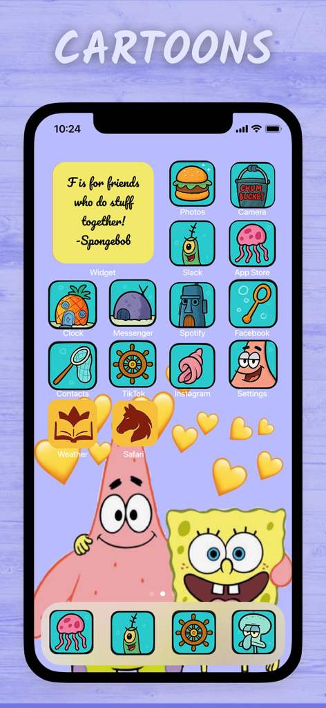 4k Wallpapers, Widgets: Plaw - A cartoon themed iPhone home screen with SpongeBob SquarePants wallpaper custom app icons and a quote widget