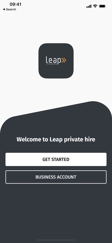 Leap Taxi - Leap Private Hire app welcome screen showing options for getting started and business accounts.