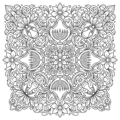 Unwrap the joy of Hanukkah with this exquisite floral mandala coloring page. Discover a harmonious blend of botanical beauty and festive symbols, ready for your creative touch.