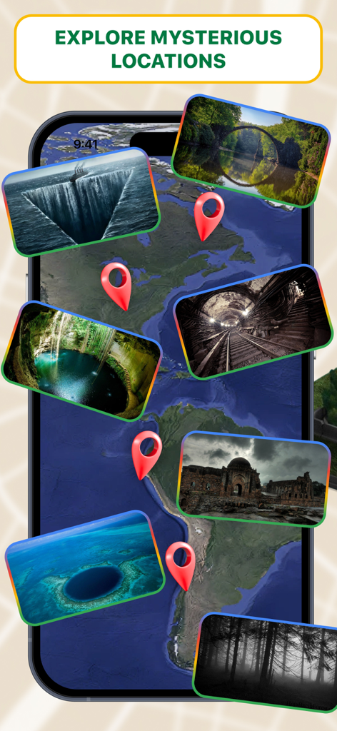 Uma tela de smartphone mostrando um mapa com pinos vermelhos e fotos de locais misteriosos ao redor do mundo