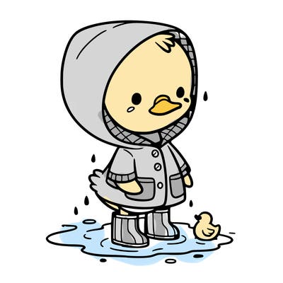 baby duck in a rain coat and boots, in a puddle while it’s raining