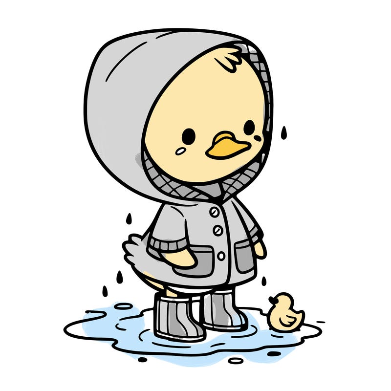 baby duck in a rain coat and boots, in a puddle while it’s raining