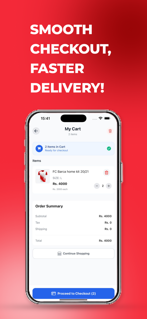 Shopping cart screen in the Jersey Pasal Nepal app showing a soccer jersey ready for checkout
