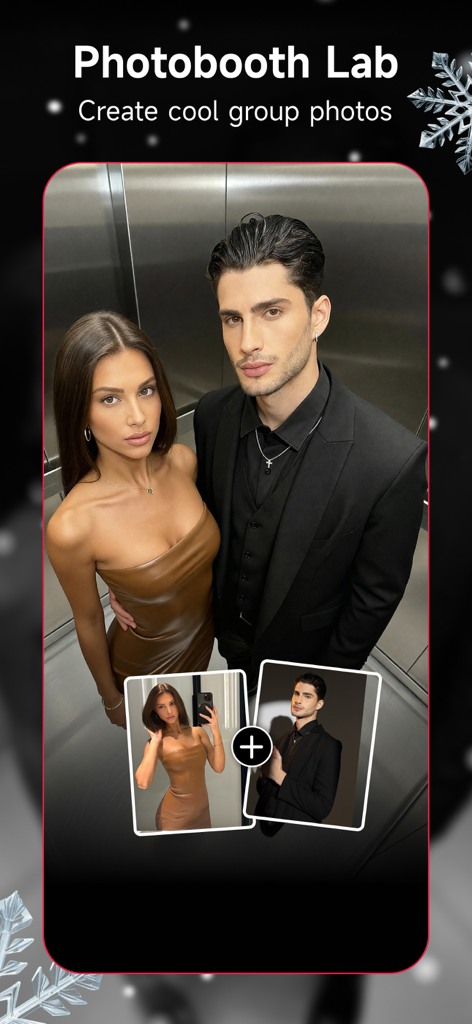 Meitu app interface showing the Photobooth Lab feature combining individual portraits into a polished group photo.