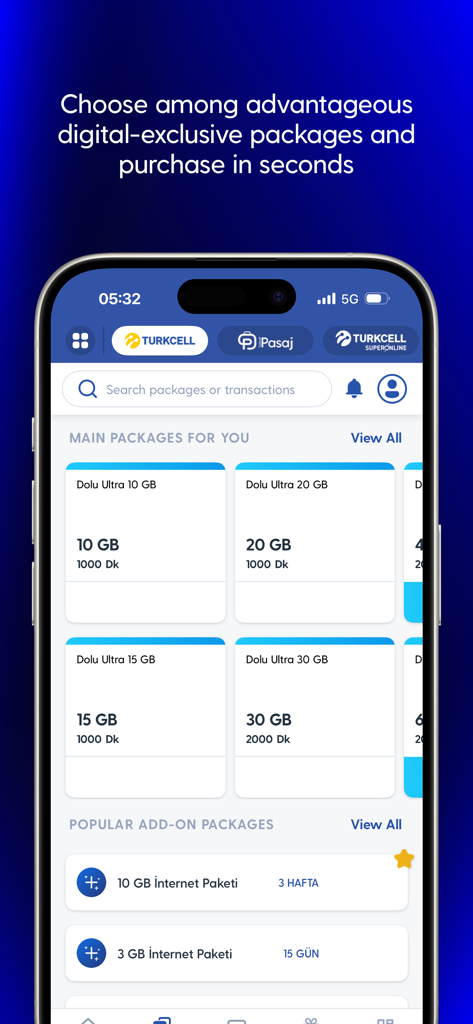 A screenshot of the Turkcell mobile app showing various digital data and minute packages available for selection and purchase.