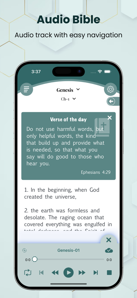 Catholic Jerusalem Bible+Audio - Pantalla de una aplicación móvil que muestra la Biblia Católica de Jerusalén con una tarjeta del Versículo del Día y controles de reproducción de audio para el libro de Génesis.