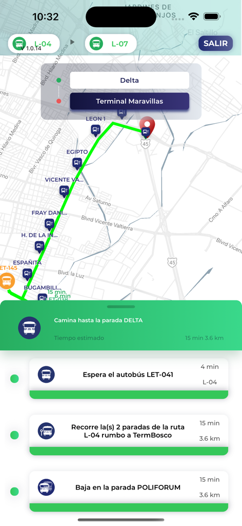 Una pantalla de aplicación móvil que muestra un mapa de ruta de autobús con instrucciones paso a paso y tiempos estimados de llegada para el sistema OptiBus en León.