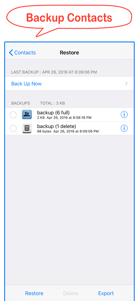 Interface for backing up and restoring contacts in the Delete Contacts plus app