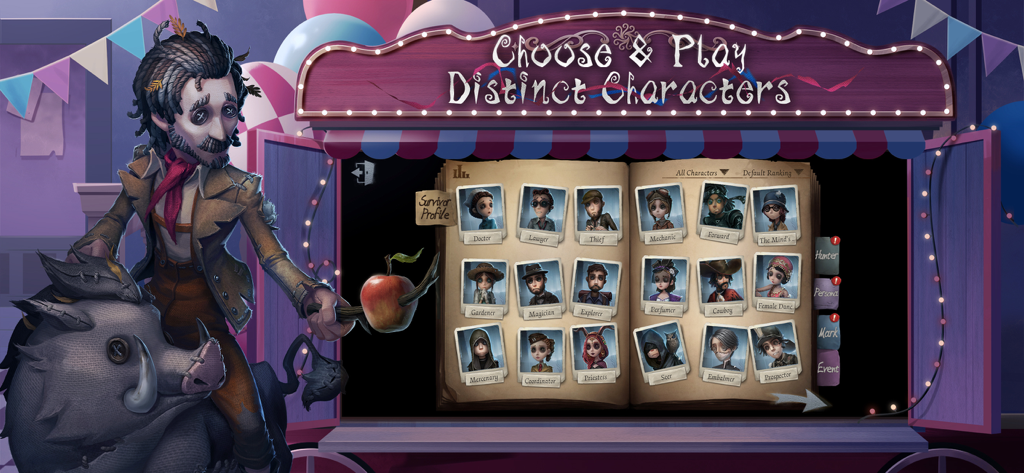 A character selection screen in Identity V featuring a diverse roster of survivors in a gothic book layout.