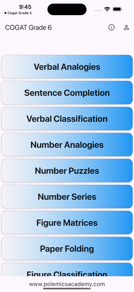 COGAT for Grade 6 - Main menu screen of the COGAT for Grade 6 app showing a list of test categories including Verbal Analogies, Number Puzzles, and Paper Folding.