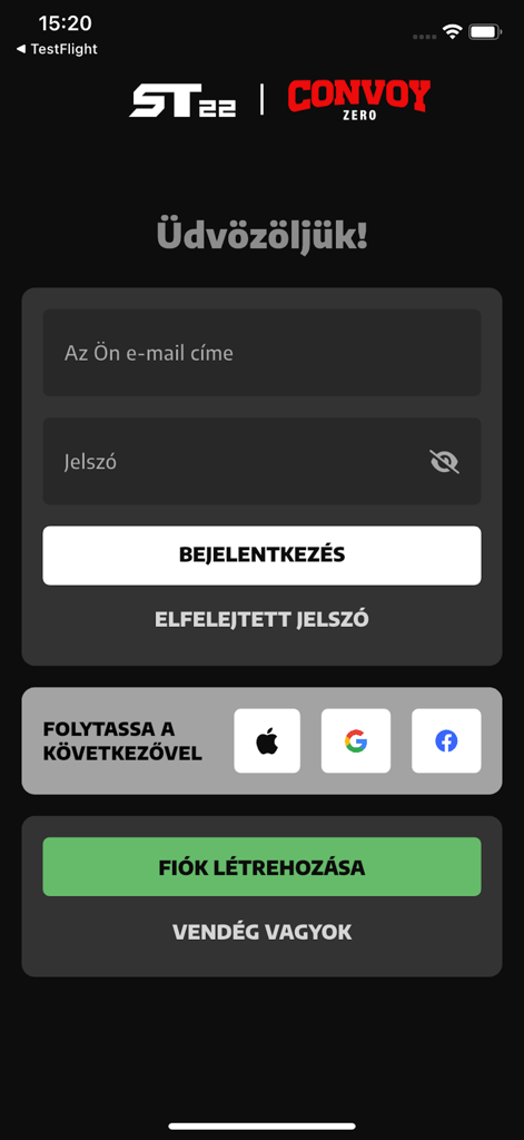 ST22 Connect | Convoy Zero - Login screen for the ST22 Connect Convoy Zero mobile app with email and social sign-in options