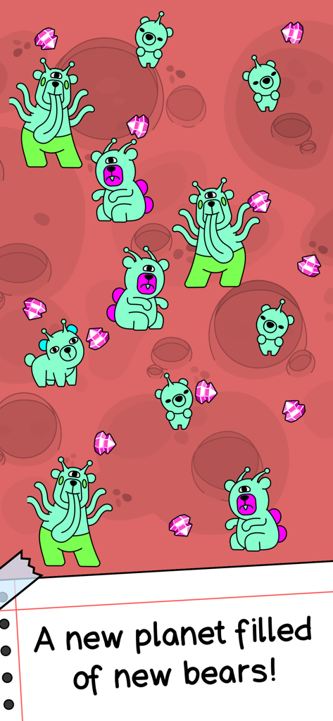 Doodle-style mutant alien bears on a red planet with pink crystals.