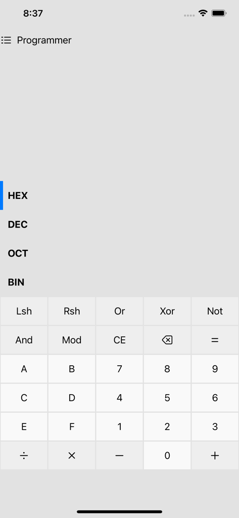 Programmer Calculator - Dev - Interfaz de usuario de la aplicación Calculadora de Programador que muestra opciones de conversión HEX, DEC, OCT y BIN con operadores bit a bit.