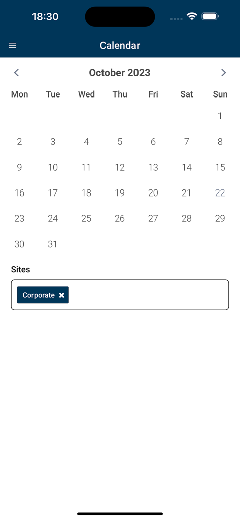EagleCMMS - EagleCMMS mobile app interface showing a maintenance calendar for scheduling tasks at corporate sites
