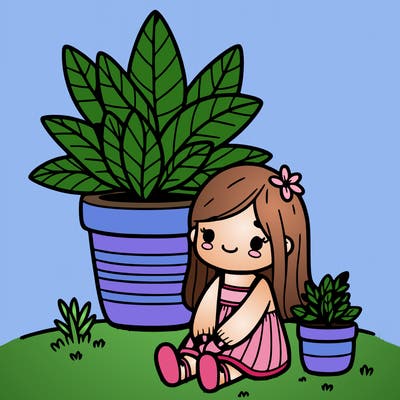 small girl sitting under a big plant in a pot