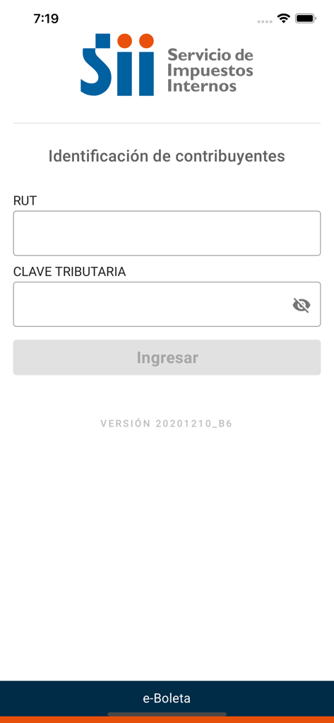 e-Boleta - Login screen of the e-Boleta app for Chilean taxpayer identification