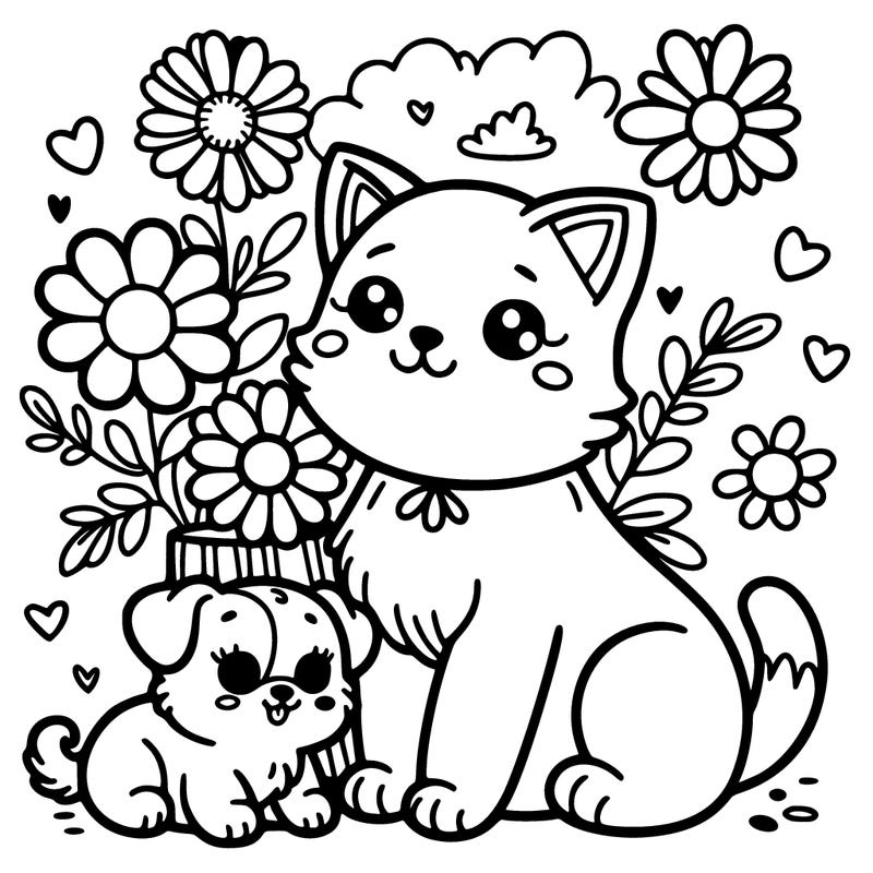 cute cat with flowers with a puppy too