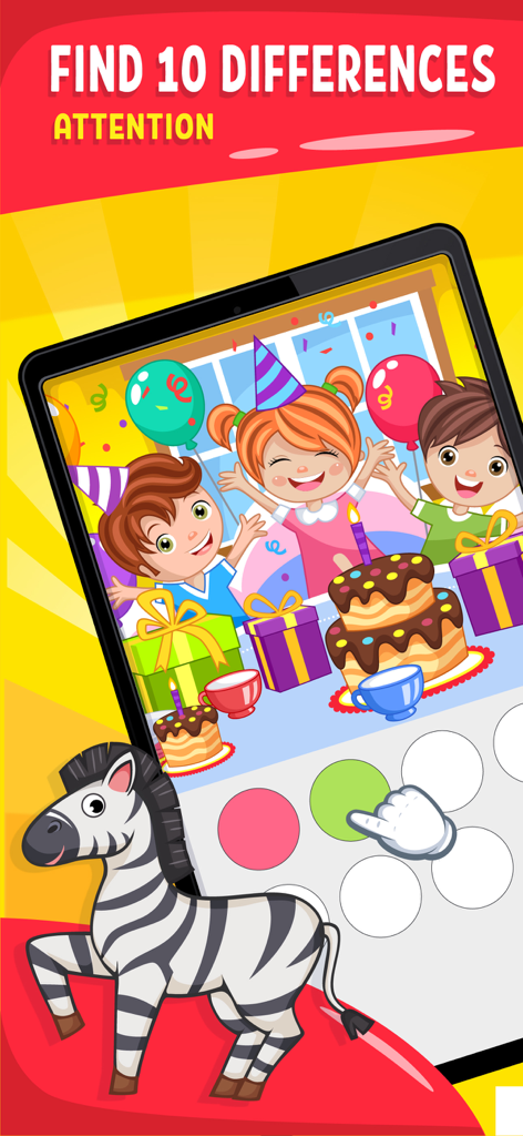 Captura de pantalla del juego Brainy Kids que muestra un rompecabezas de atención para encontrar 10 diferencias con un tema de fiesta de cumpleaños y una cebra