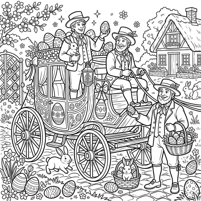 Embark on a charming historical adventure with our unique Easter Stagecoach Drivers coloring page. Discover a whimsical scene where vintage travel meets festive spring joy, ready for your artistic touch.