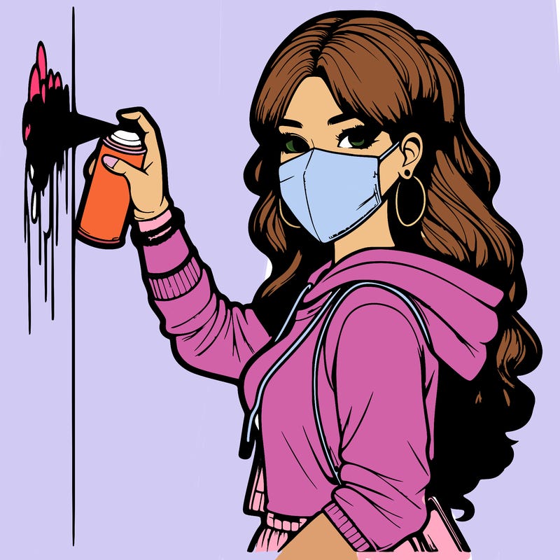 realistic girl with mask spray painting a wall
