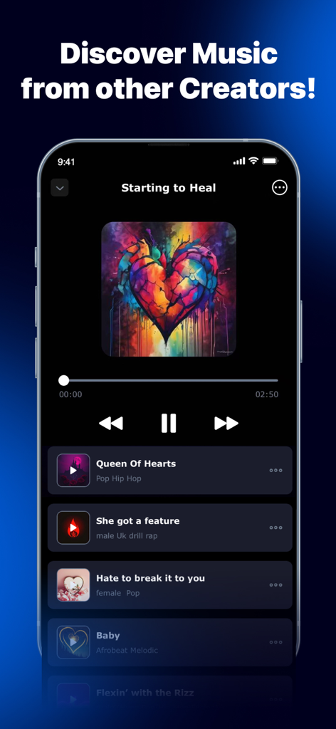 AI Song Generator: Music Maker - A smartphone screen displaying a music discovery feed in the AI Song Generator app with a player and a list of tracks from various creators.