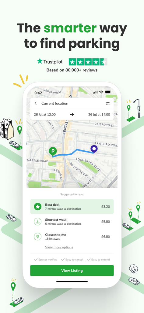 JustPark Parking - JustPark mobile app interface showing a map and curated parking suggestions like Best Deal and Shortest Walk.